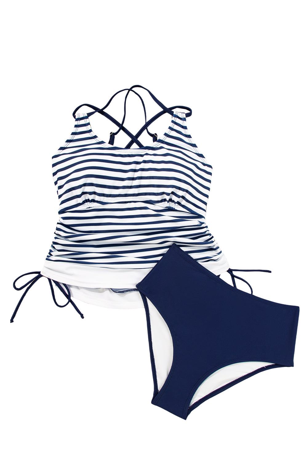 Blue Stripe Drawstring Tummy Control Mix-and-match 2pcs Tankini Swimsuit