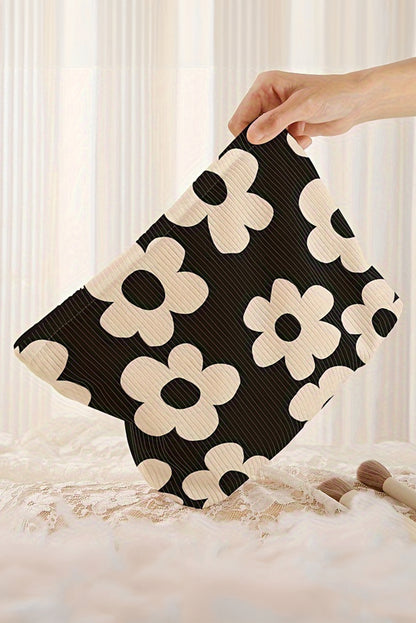 Black Colorful Flower Printed Rib Textured Cosmetic Bag