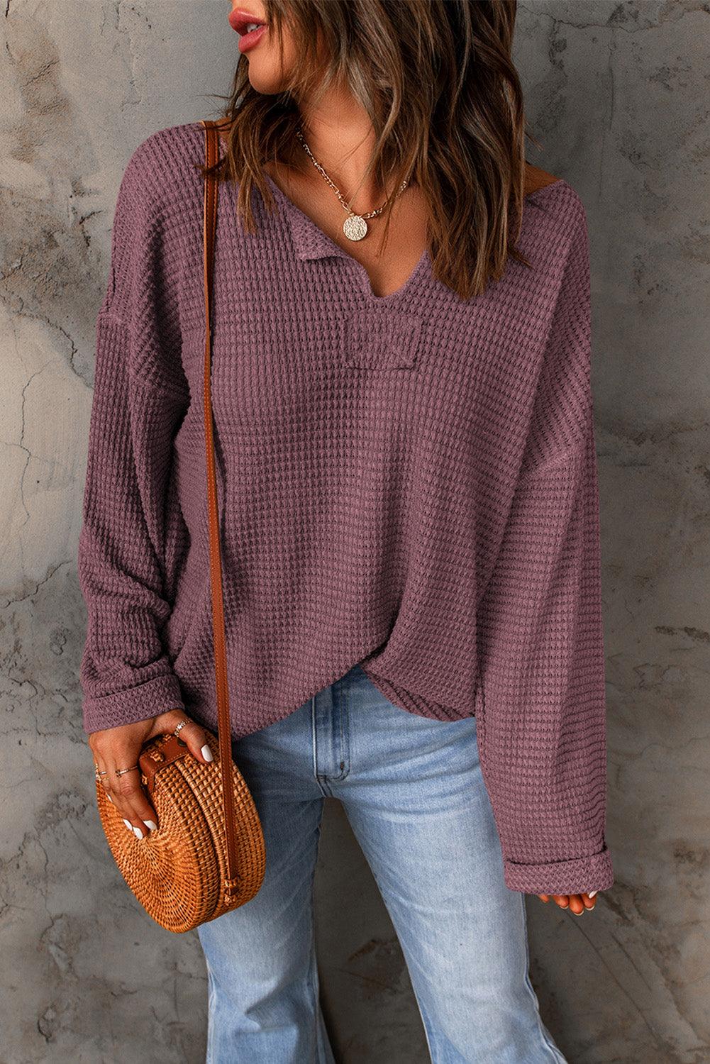 Dusk Blue Waffle Knit Loose Long Sleeve Top - L & M Kee, LLC