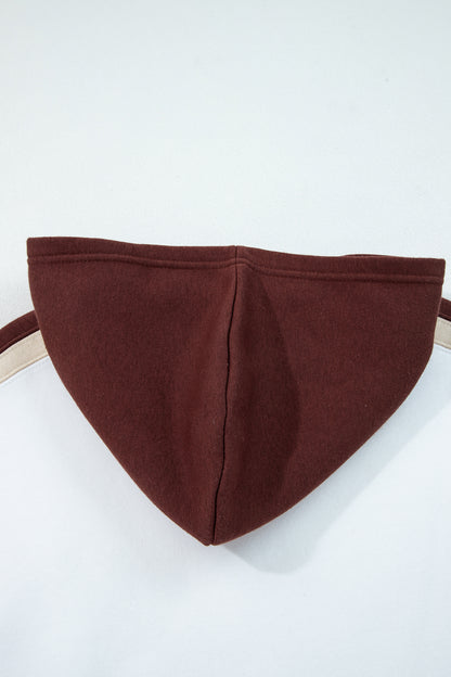 Coffee Color Block Patchwork Athleisure Hooded Sweatshirt