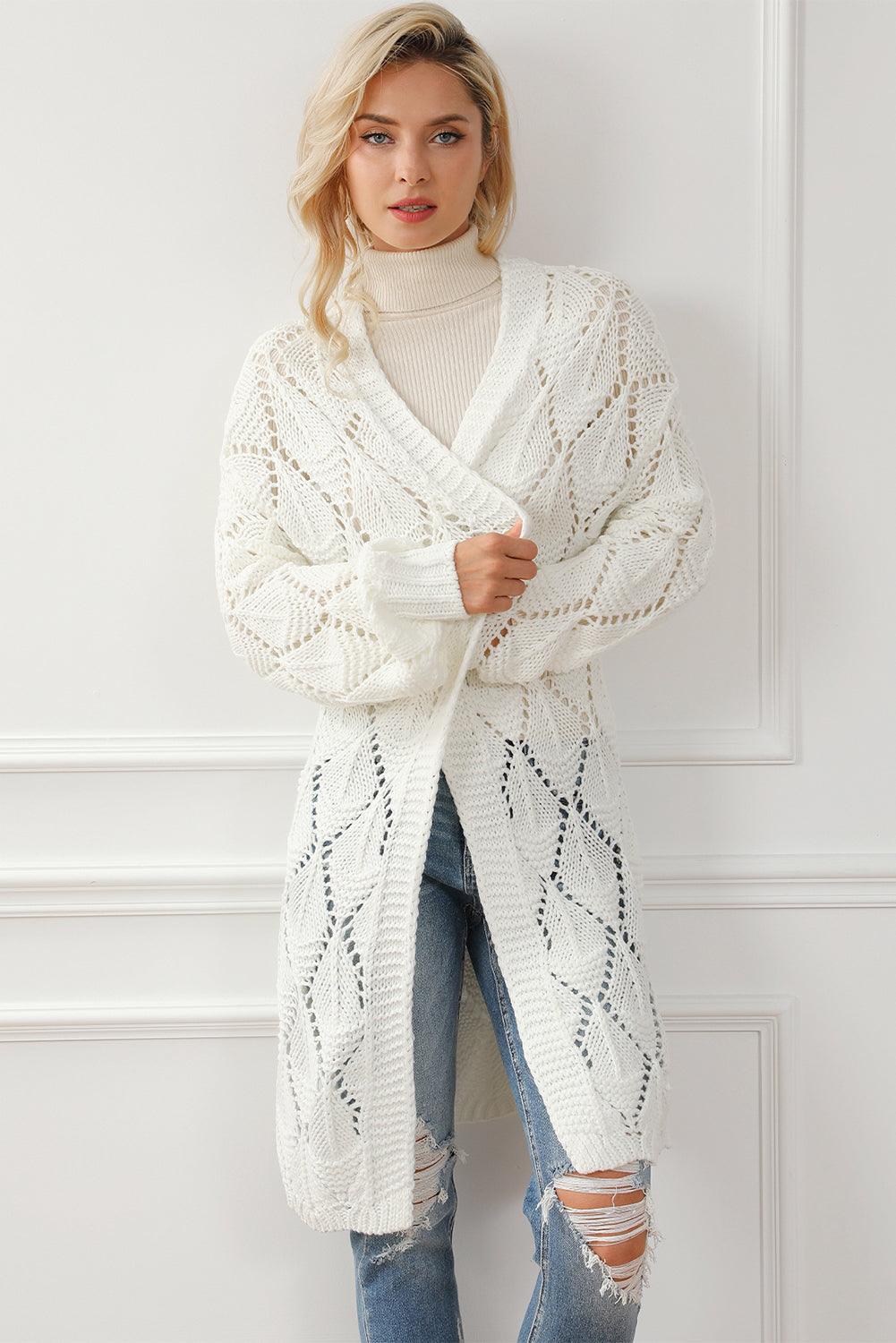 White Rhombus Hollowed Knit Open Front Cardigan - L & M Kee, LLC