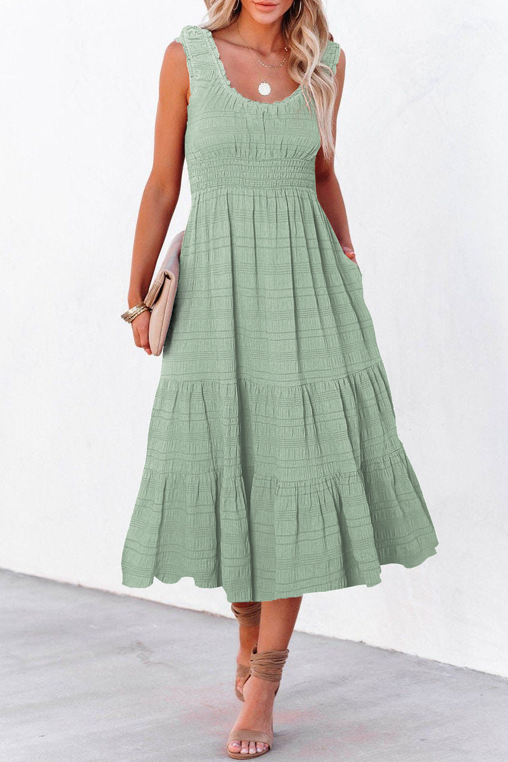 Apricot Shirred Pleated Square Neck Sleeveless Midi Dress