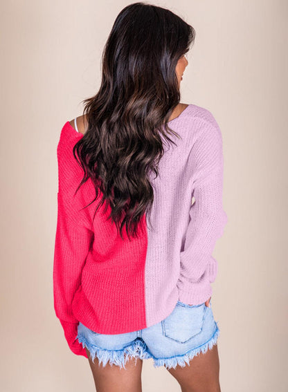 Long Sleeve V-Neck Colorblock Sweater - L & M Kee, LLC