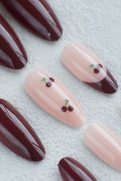 Racing Red Bow Cherry Pearled Almond Shape Nail Stickers with Jelly Glue