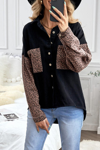 Blank Apparel - Black Contrast Leopard Denim Jacket - L & M Kee, LLC