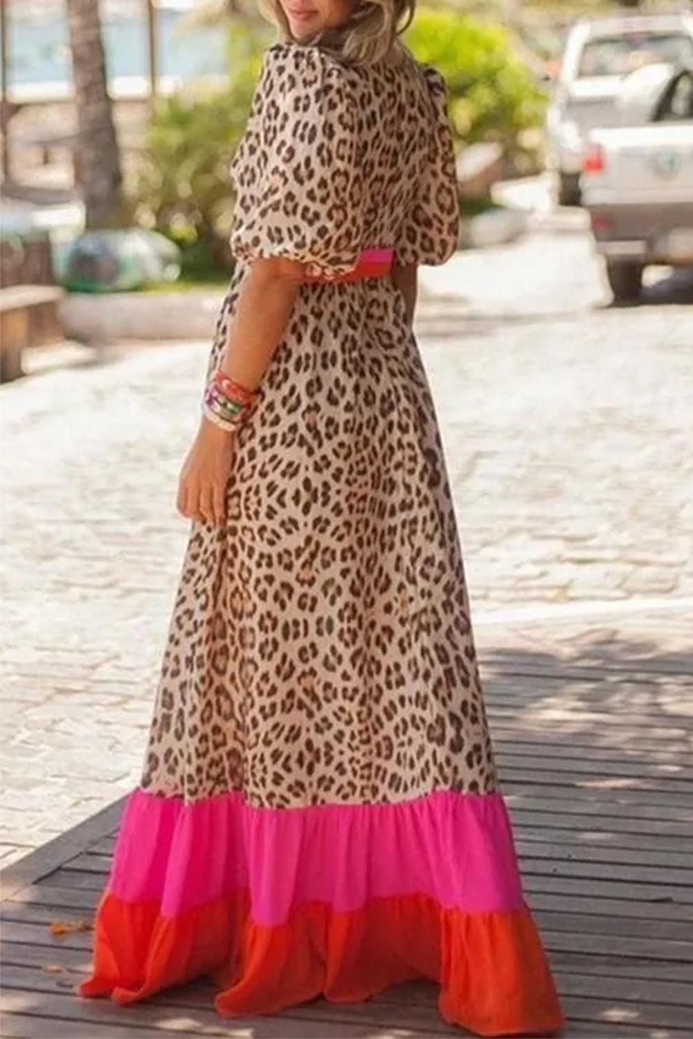 Bright Pink Leopard Colorblock Patchwork Bubble Sleeve Maxi Dress - L & M Kee, LLC