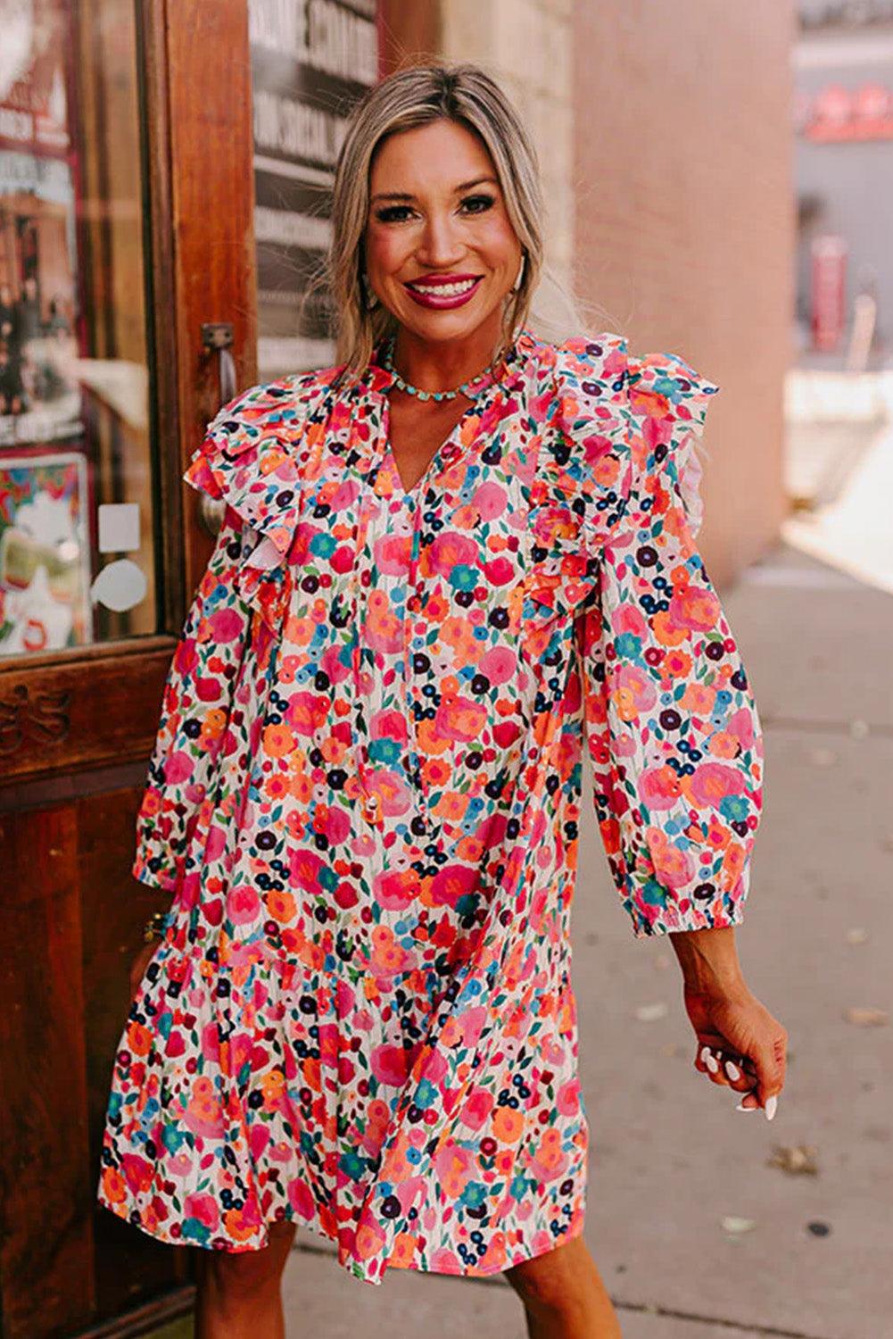 Multicolour Ruffle Split Neck Floral Long Sleeve Dress - L & M Kee, LLC