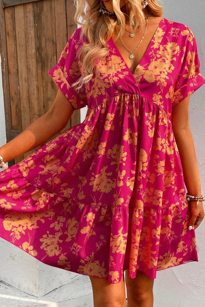 Rose Floral Print Batwing Sleeve Smock Dress - L & M Kee, LLC