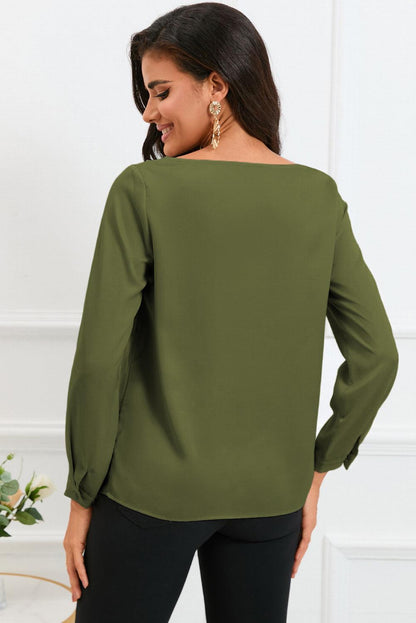 Solid Asymmetric V Neck Long Sleeve Satin Blouse - L & M Kee, LLC