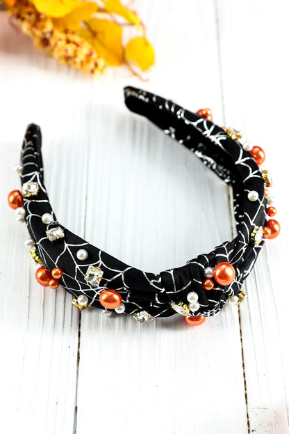 Black Pearled Rhinestone Knotted Spiderweb Halloween Headband