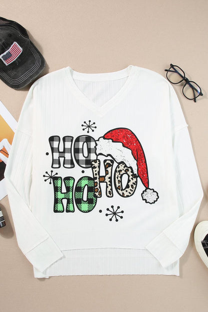 White HOHOHO Christmas Graphic Wide Rib Long Sleeve Top - L & M Kee, LLC