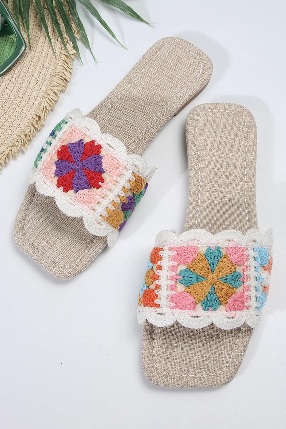 White Crochet Square Toe Flat Slippers
