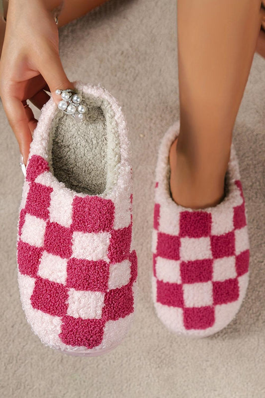 Fiery Red Checkered Print Fuzzy Slip On Winter Slippers - L & M Kee, LLC