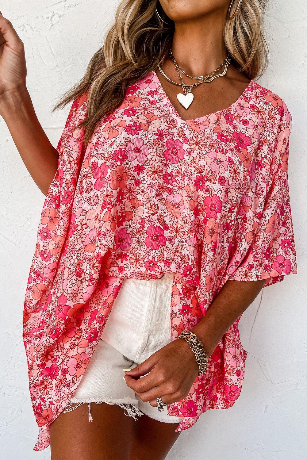 Pink Boho Floral V Neck Kimono Style Blouse - L & M Kee, LLC