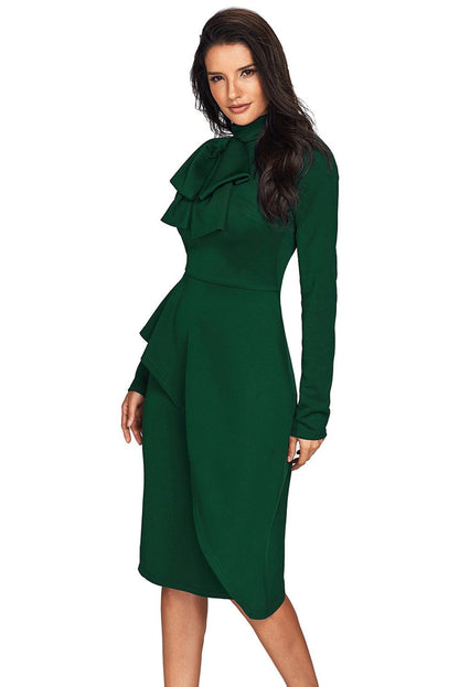 Jade Green Asymmetric Peplum Style Pussy Bow Dress - L & M Kee, LLC