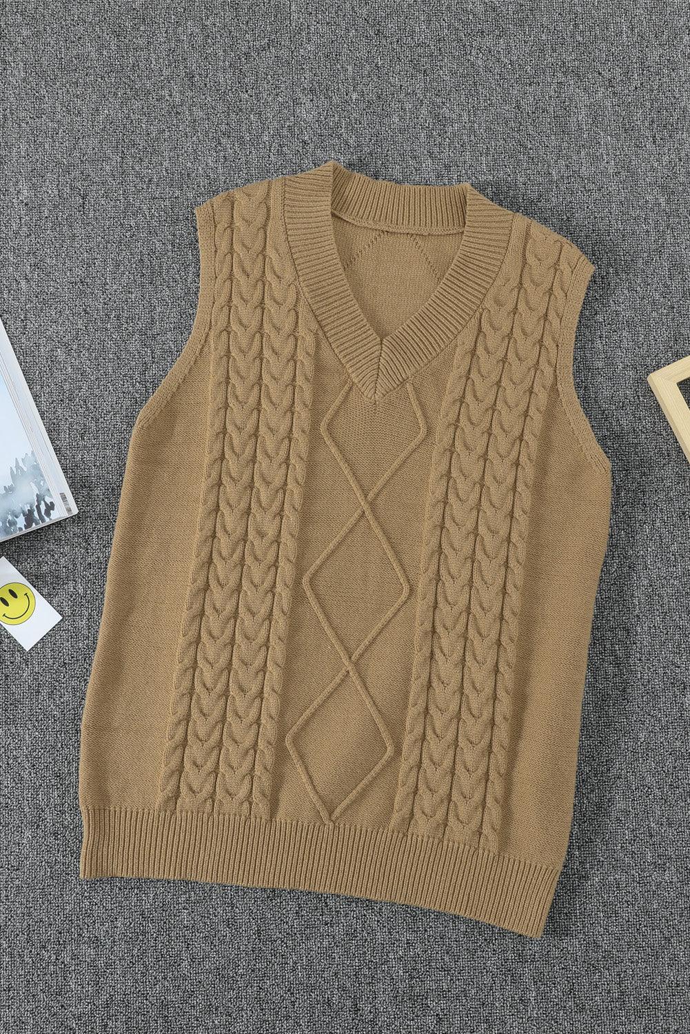 Khaki Sleeveless Cable Knitted Sweater Tank