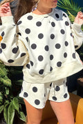 Beige Polka Dot Print Drop Shoulder Pullover Drawstring Shorts Set