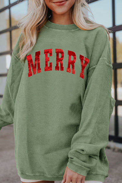 Grass Green Christmas MERRY Letter Printed Corded Baggy Sweatshirt