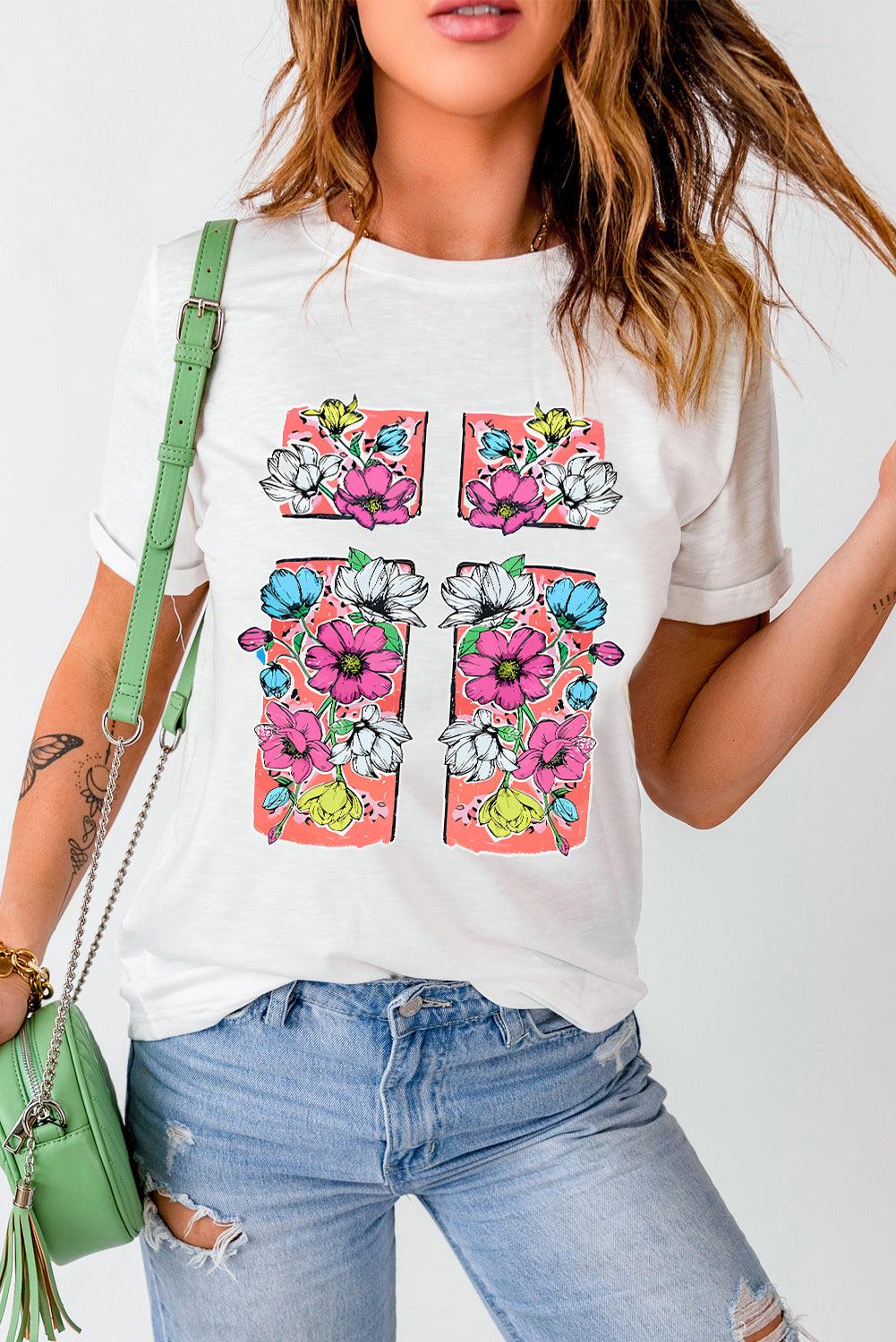 White Floral Crossed Graphic Easter Round Neck T Shirt - L & M Kee, LLC