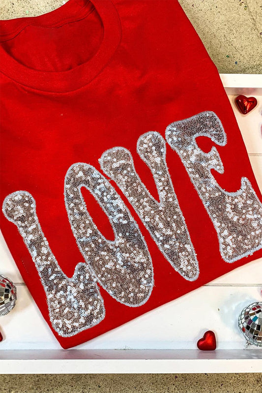 Red Sequined LOVE Letter Valentines T-shirt - L & M Kee, LLC