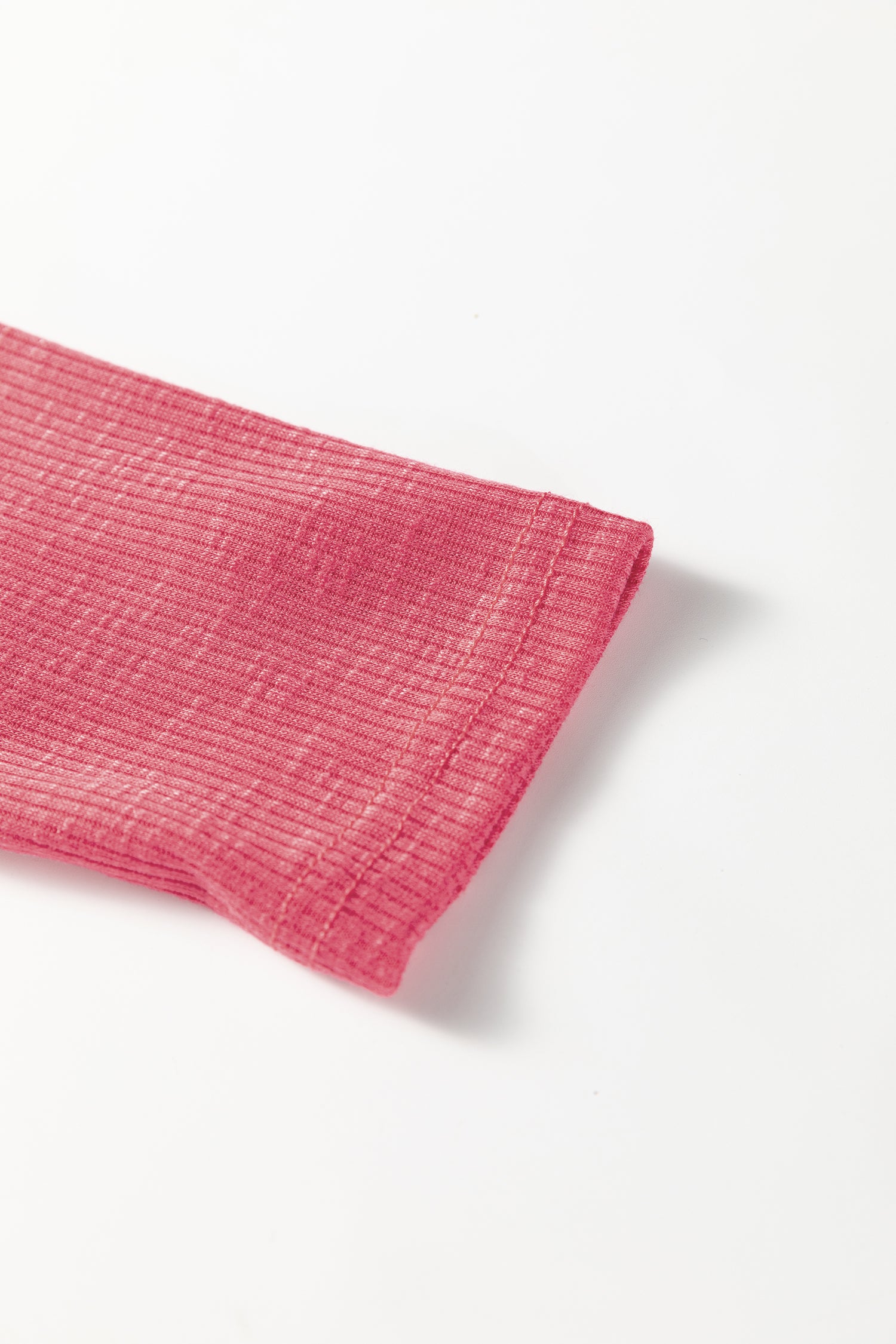 Racing Red Ribbed Texture Contrasted Lace Trim Button V Neck Long Sleeve Top