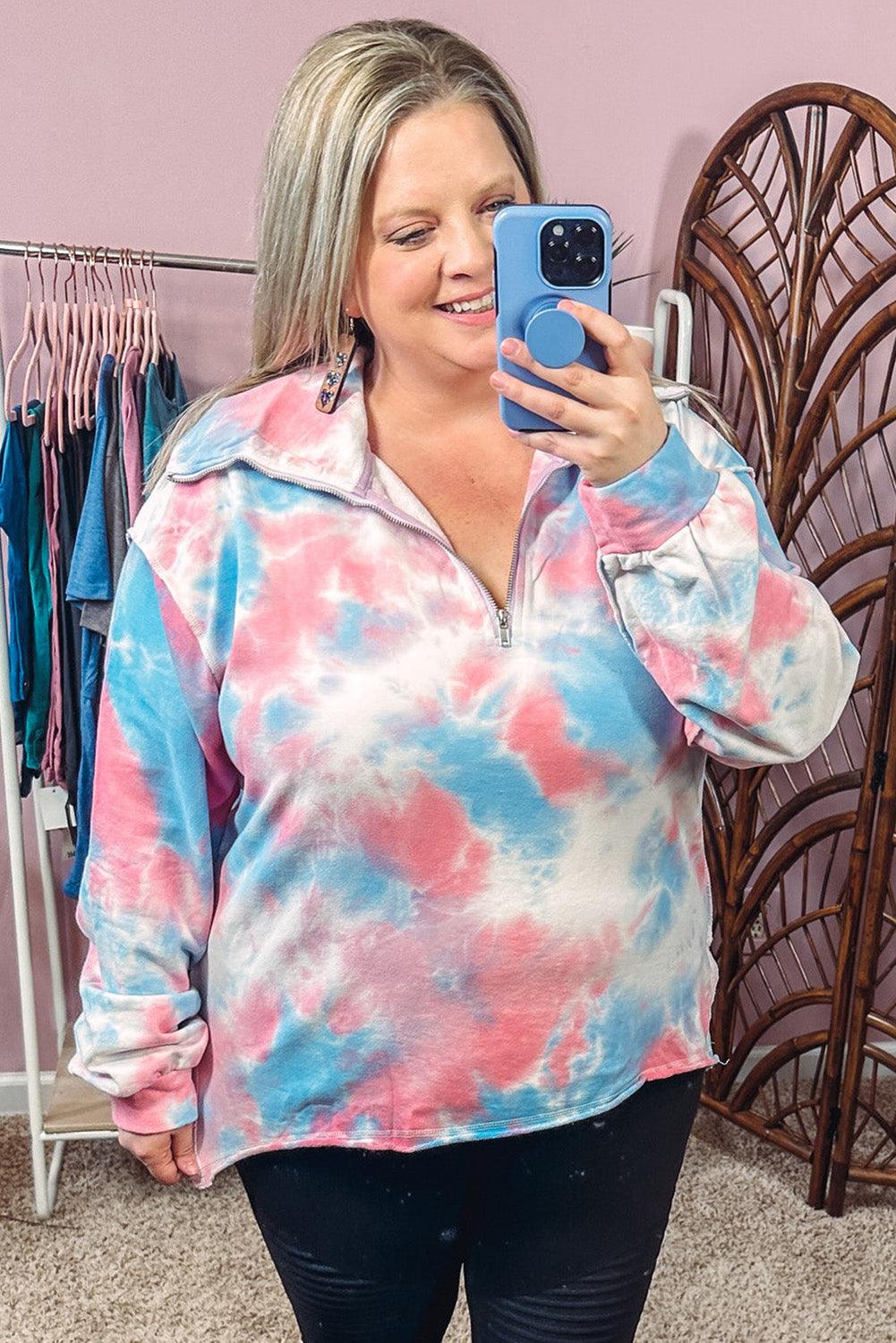 Multicolor Plus Size Tie-dye Zipped Collared Pullover Sweatshirt - L & M Kee, LLC