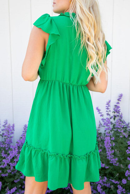 Bright Green Split V Neck Elastic Waist Ruffled Dress - L & M Kee, LLC