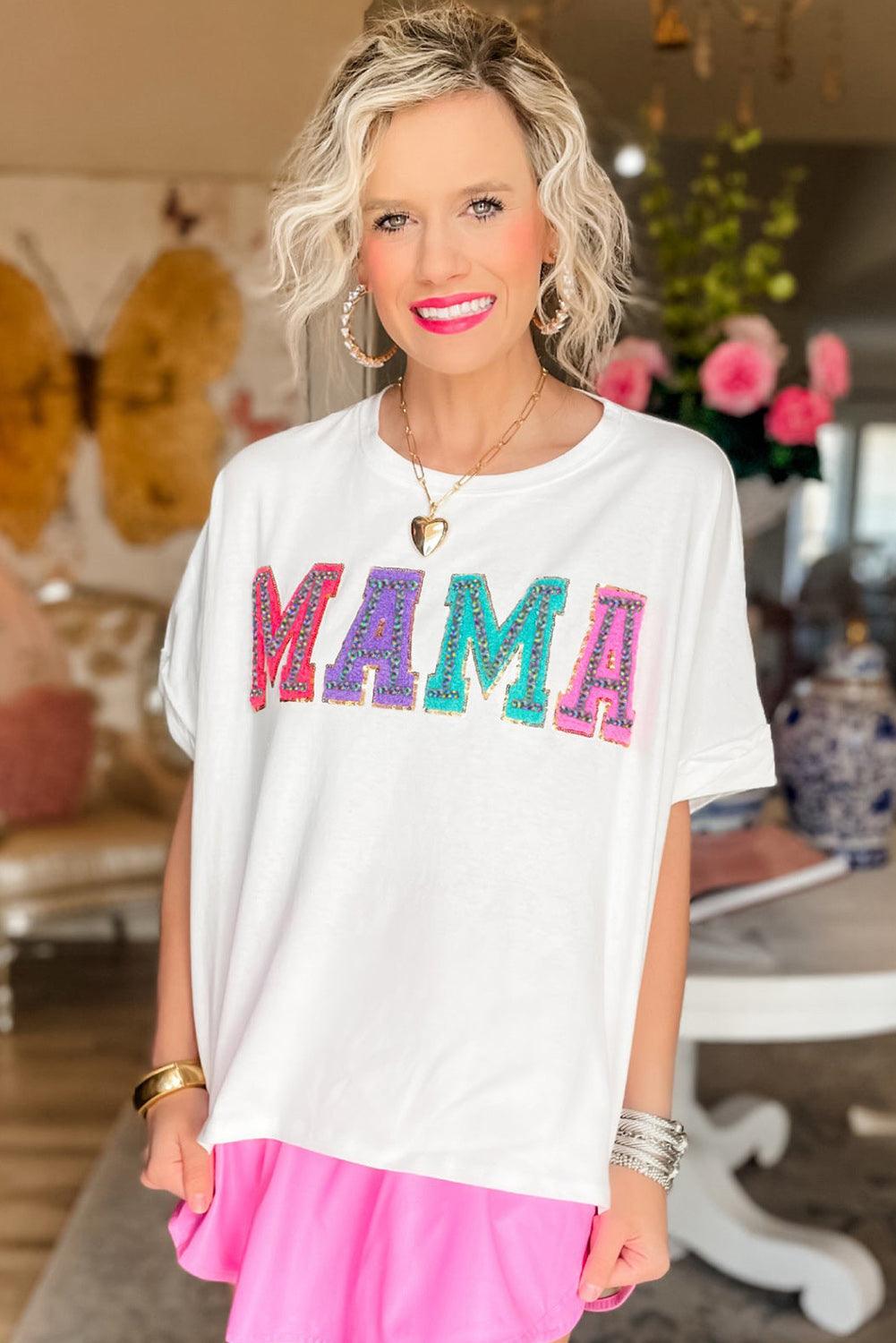 White MAMA Chenille Patched Crew Neck T Shirt - L & M Kee, LLC