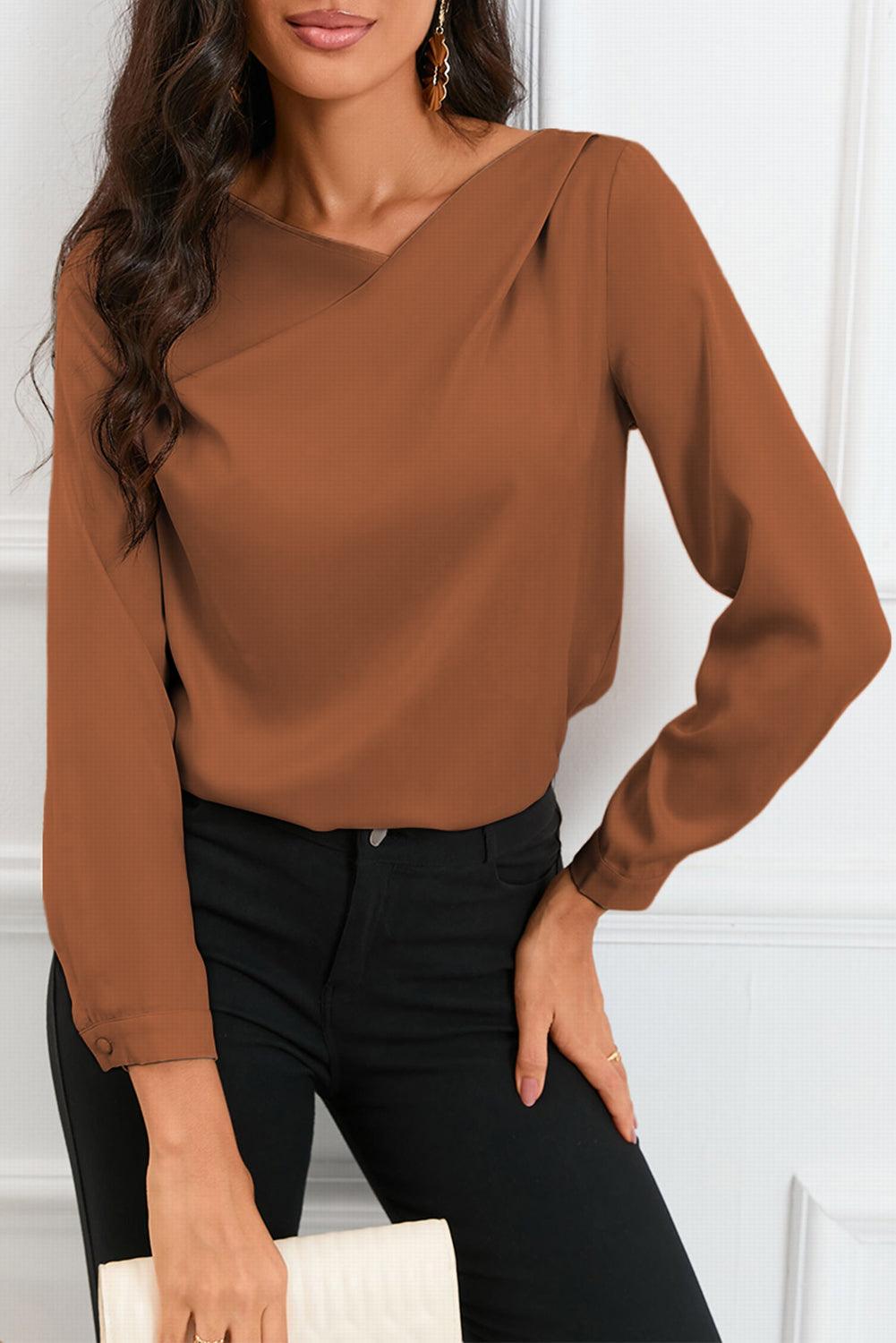 Solid Asymmetric V Neck Long Sleeve Satin Blouse - L & M Kee, LLC