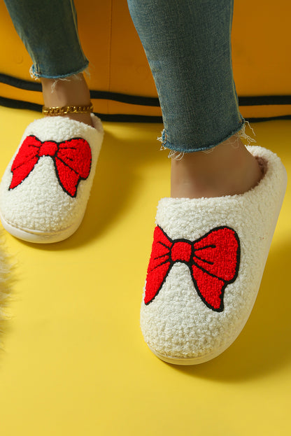 White Sweet Bow Knot Plush Warm Slippers