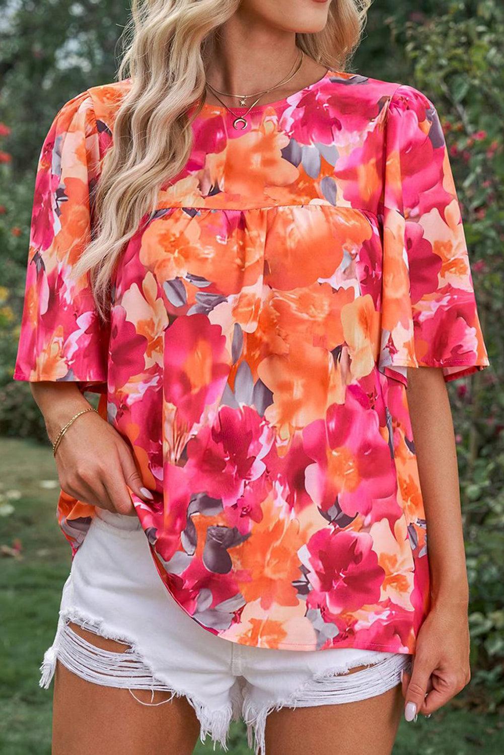 Floral Print Wide Sleeve Blouse - L & M Kee, LLC