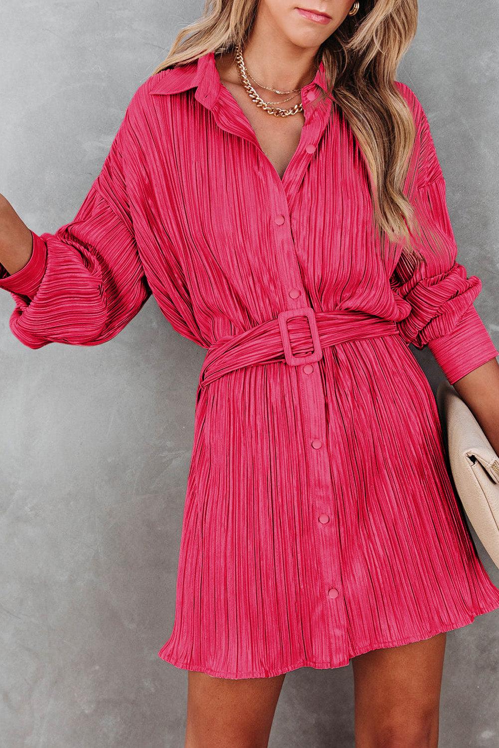 Rose Pleated Buckle Belt Drop Shoulder Shirt Mini Dress - L & M Kee, LLC