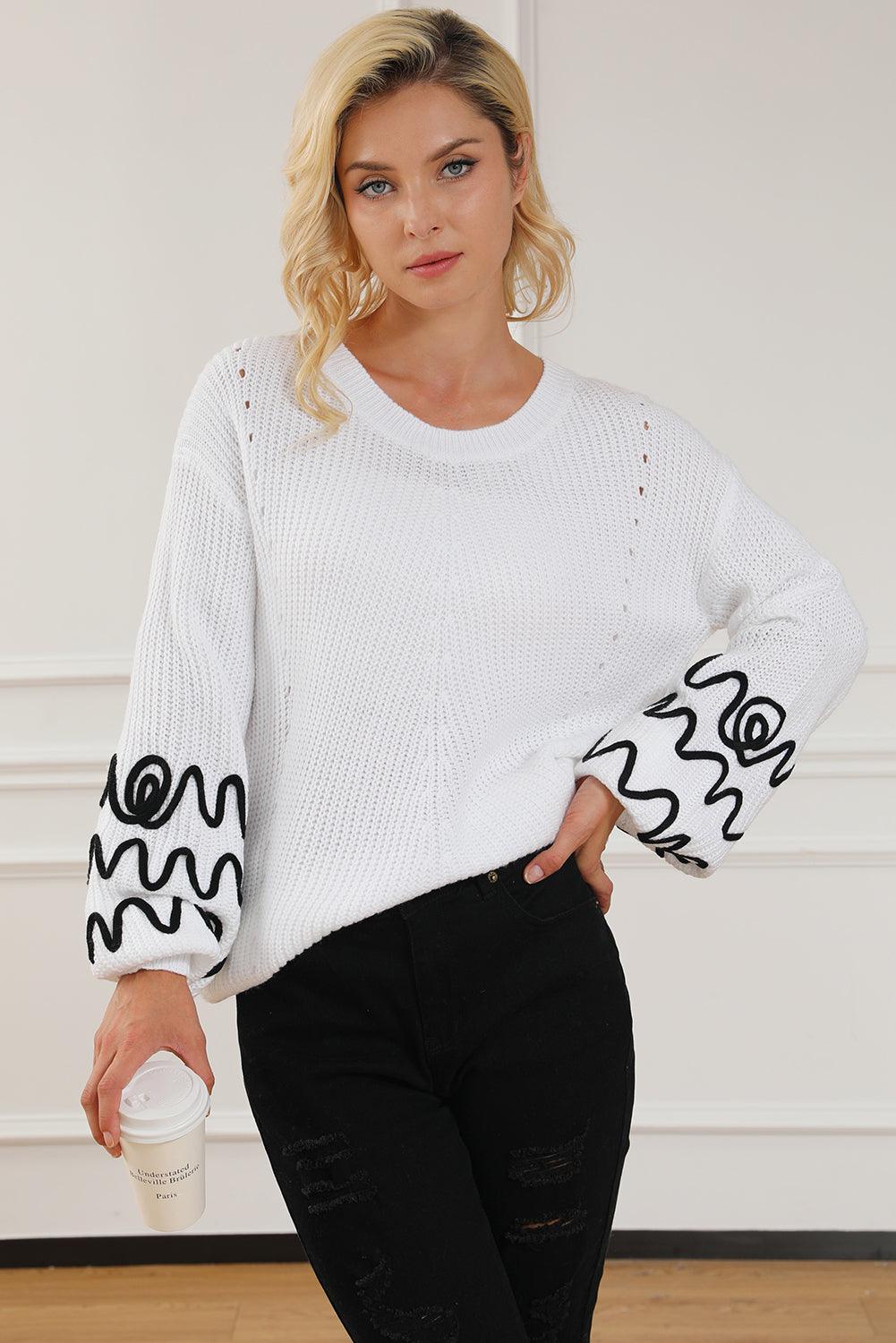 White Abstract Crochet Bubble Sleeve Loose Sweater - L & M Kee, LLC