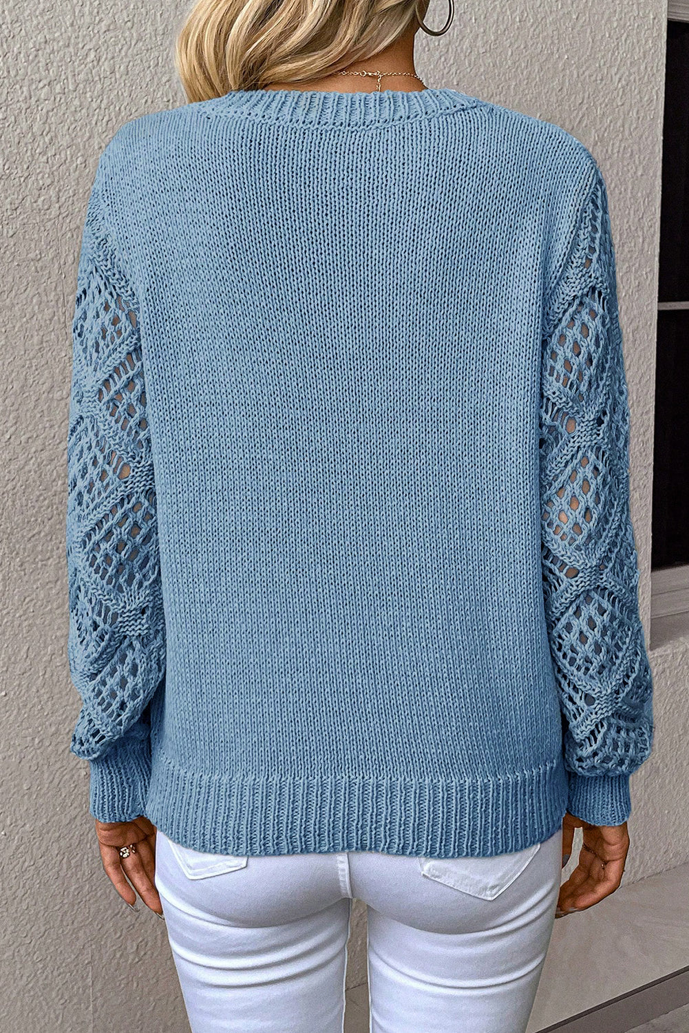 Beau Blue Solid V Neck Pointelle Knit Sleeve Patchwork Sweater