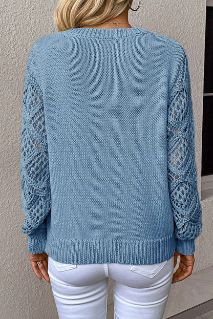 Beau Blue Solid V Neck Pointelle Knit Sleeve Patchwork Sweater
