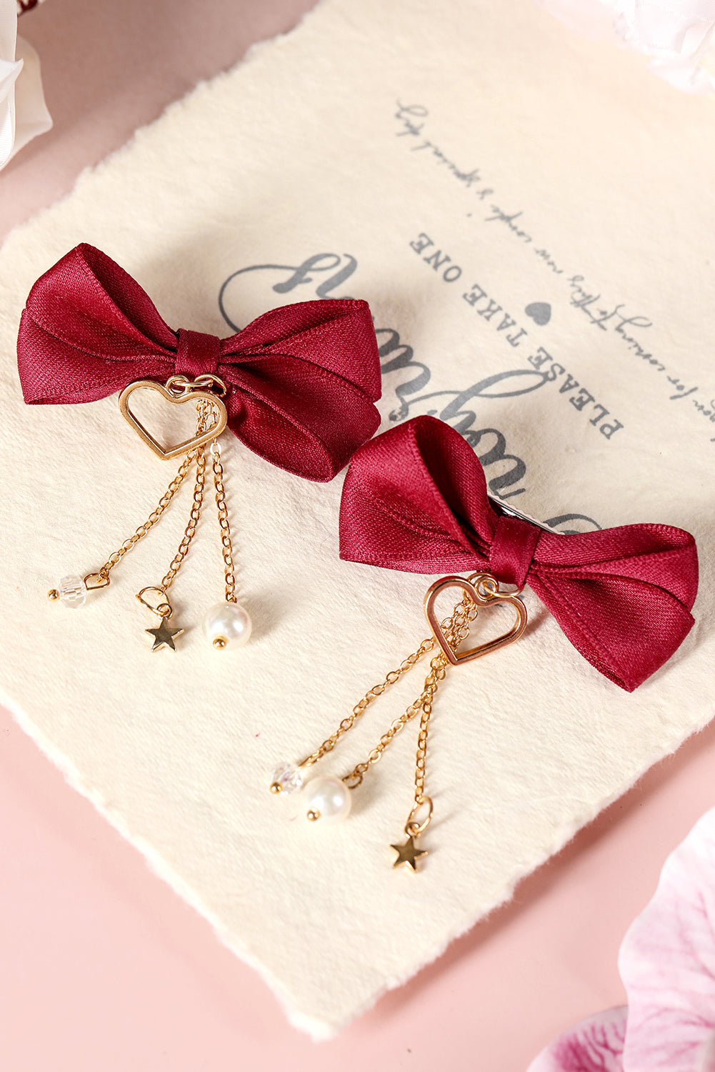 Racing Red Bow Knot Heart Pearl Tasseled Hair Clips