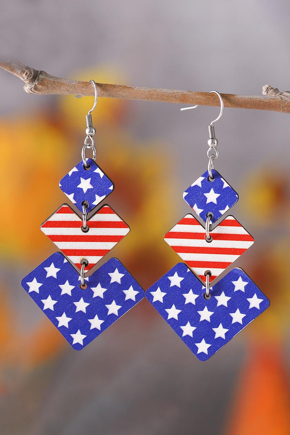 Dark Blue Geometric Wooden Star Stripe Flag Dangle Earrings - L & M Kee, LLC