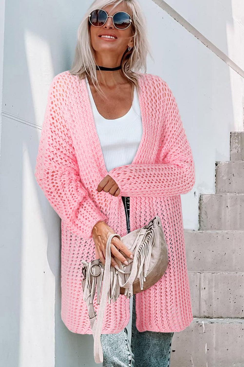 Pink Open Knit Long Sleeve Oversized Cardigan - L & M Kee, LLC