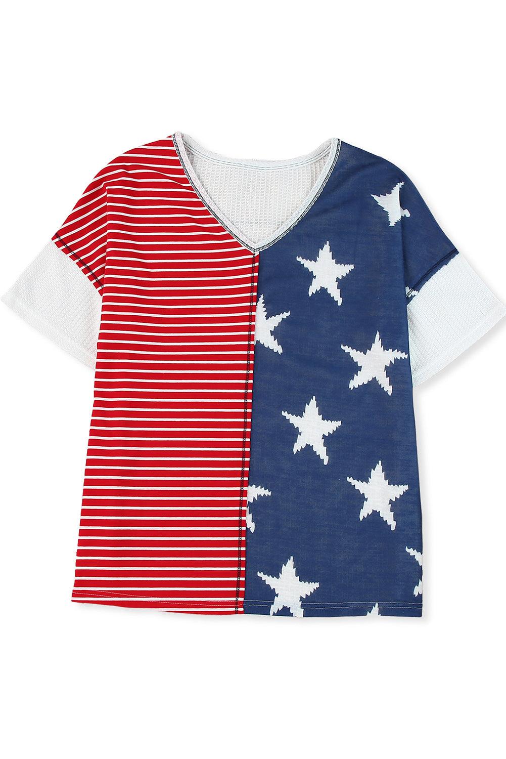 Multicolor Stripes Stars Print Knit Short Sleeves Top - L & M Kee, LLC