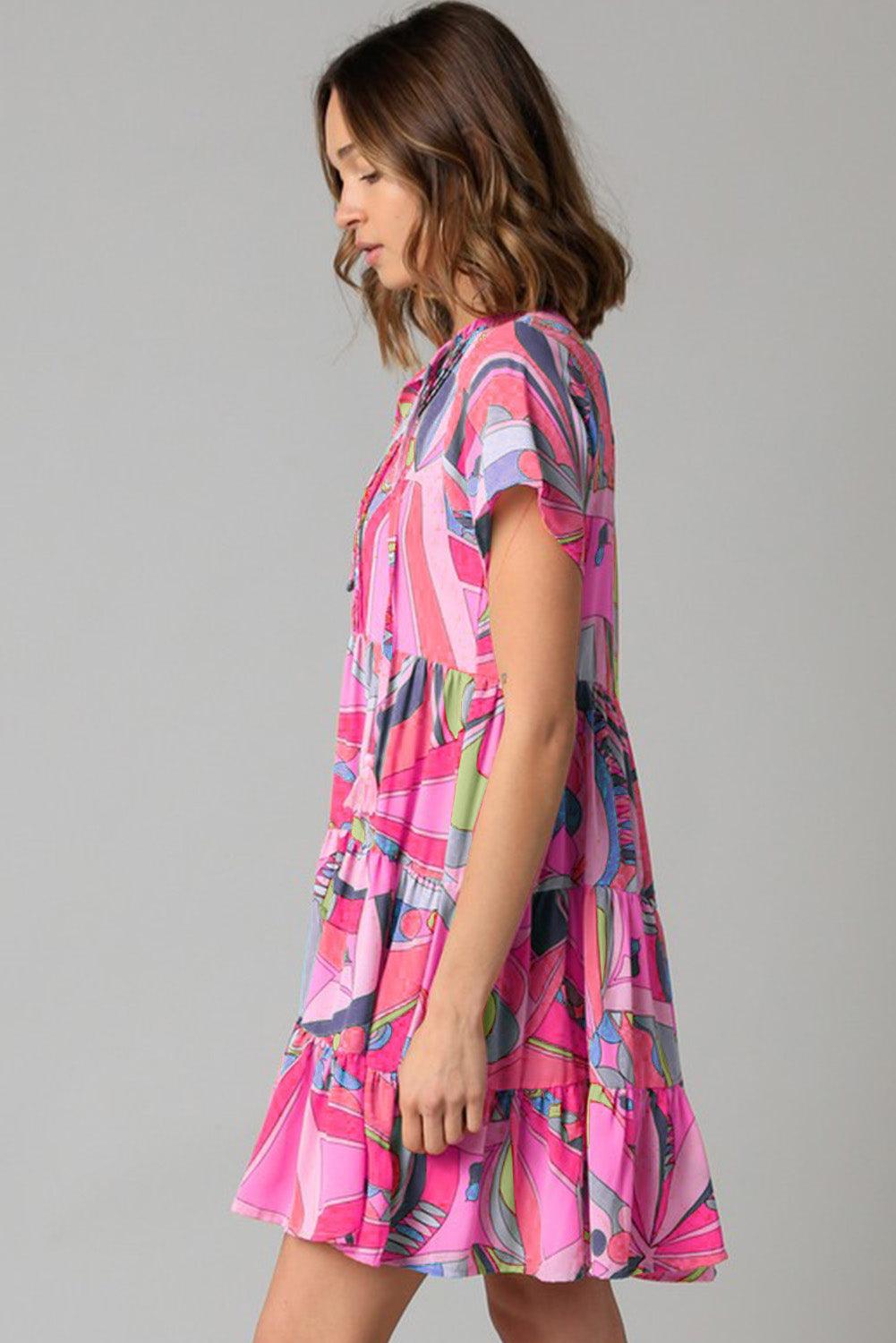 Multicolor Geometric Abstract Print Long Sleeve Shirt Dress - L & M Kee, LLC