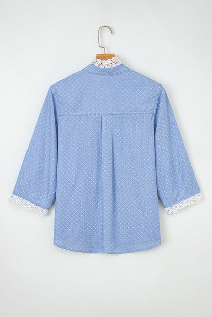 Beau Blue Lace Trim Patchwork Dotted Print Collared Denim Blouse