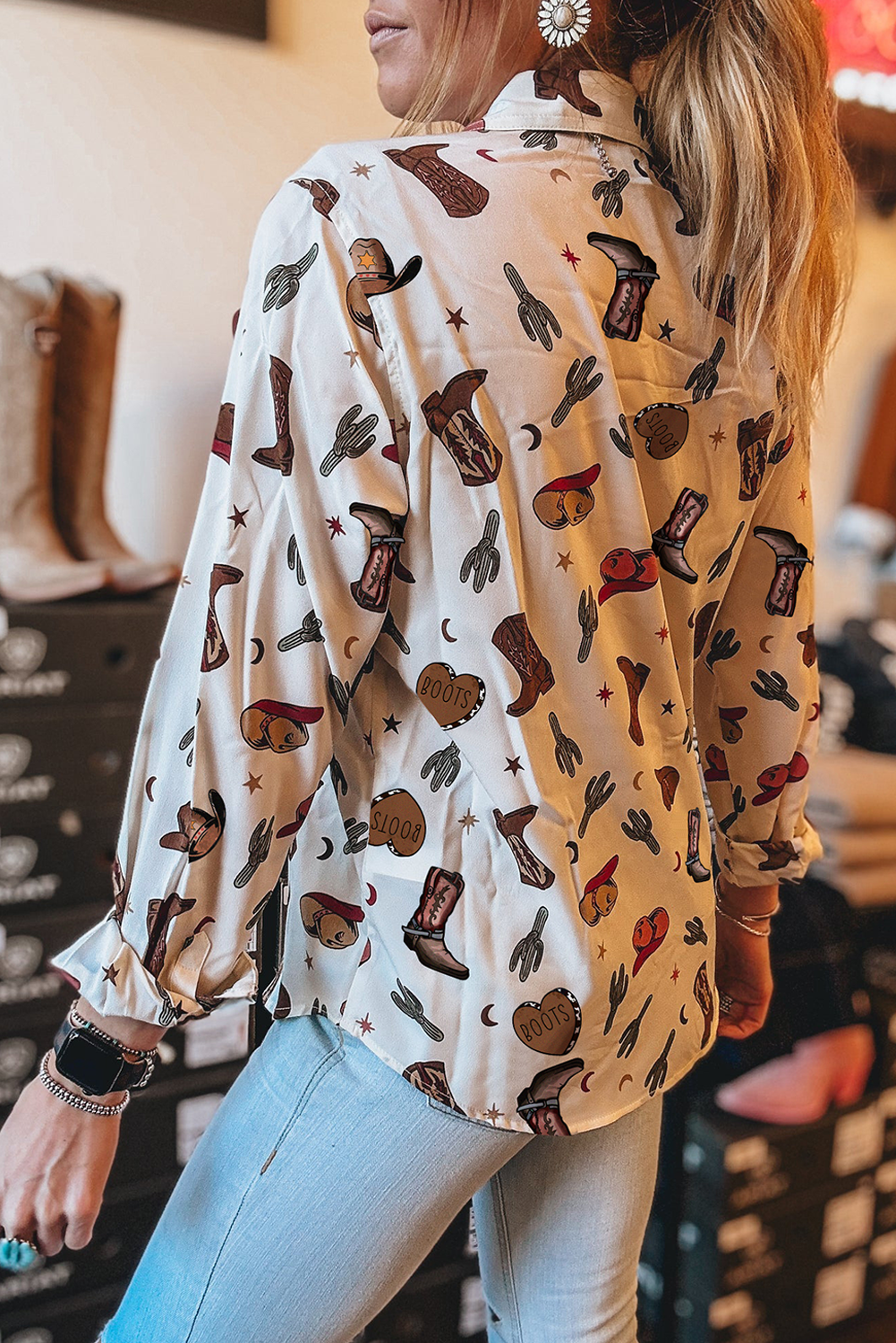 White Western Fashion Print Button Up Casual Shirt