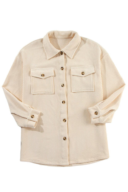 Oatmeal Corduroy Flap Pocket Button Up Shacket - L & M Kee, LLC