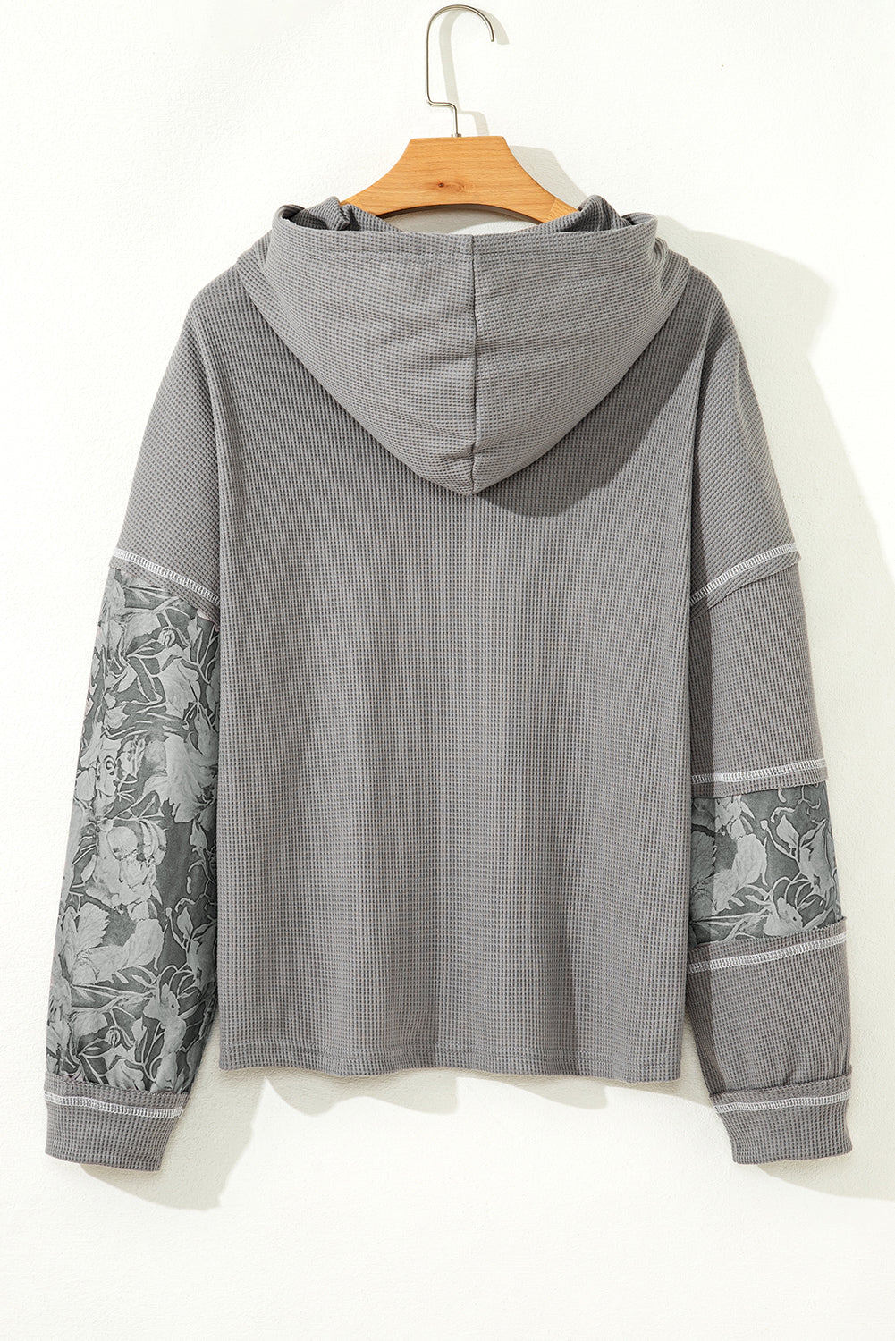 Gray Waffle Printed Patchwork Drawstring Hooded Long Sleeve Top