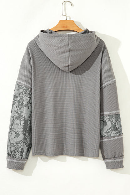 Gray Waffle Printed Patchwork Drawstring Hooded Long Sleeve Top