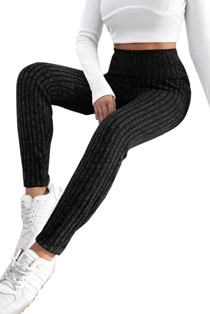 Black Wide Waistband Ribbed Textured Knit Leggings - L & M Kee, LLC