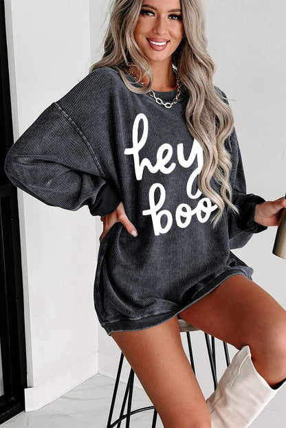 Gray hey boo Graphic Corded Halloween Sweatshirt - L & M Kee, LLC