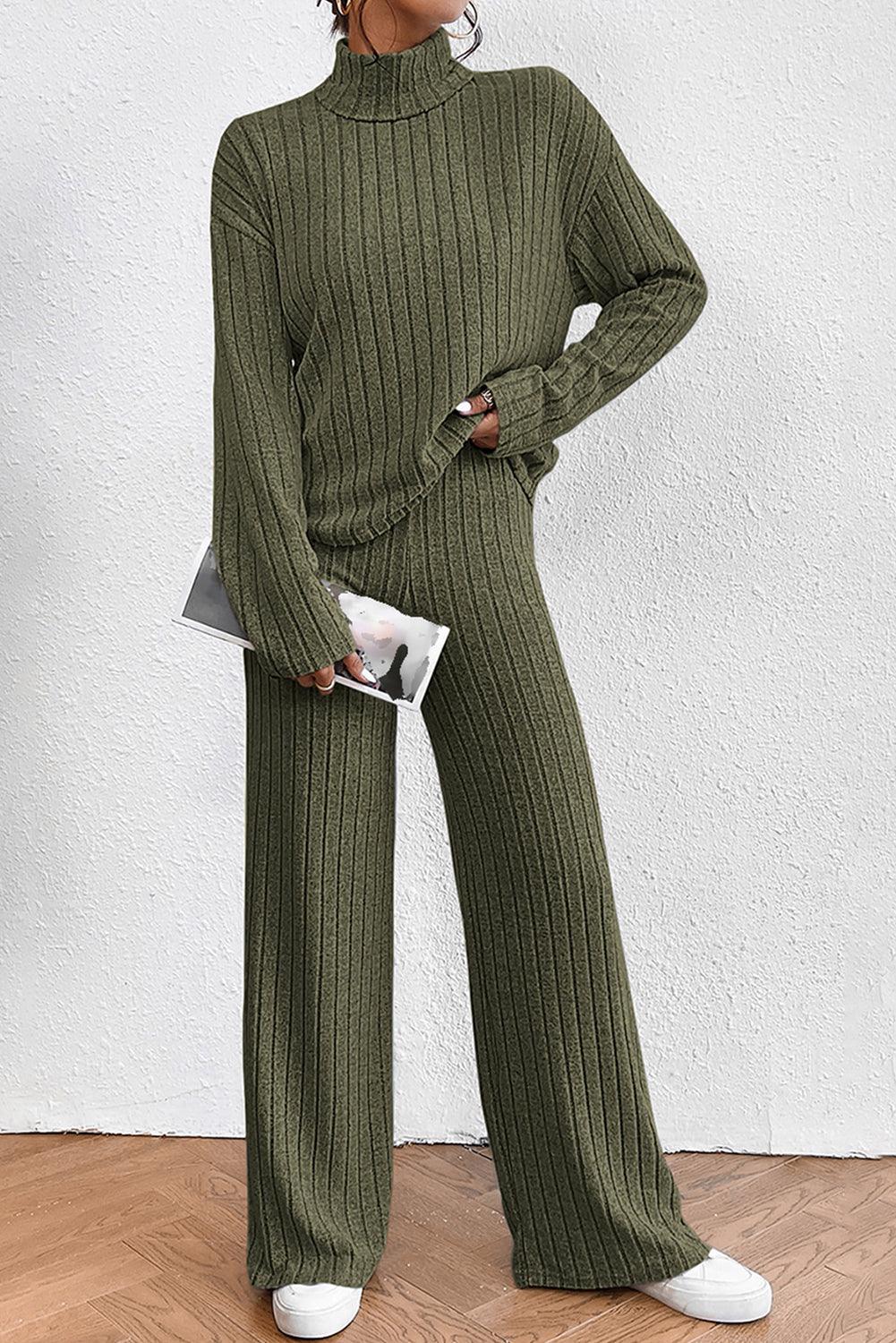 Khaki Ribbed Knit Bell Sleeve Crop Top Drawstring Pants Set - L & M Kee, LLC