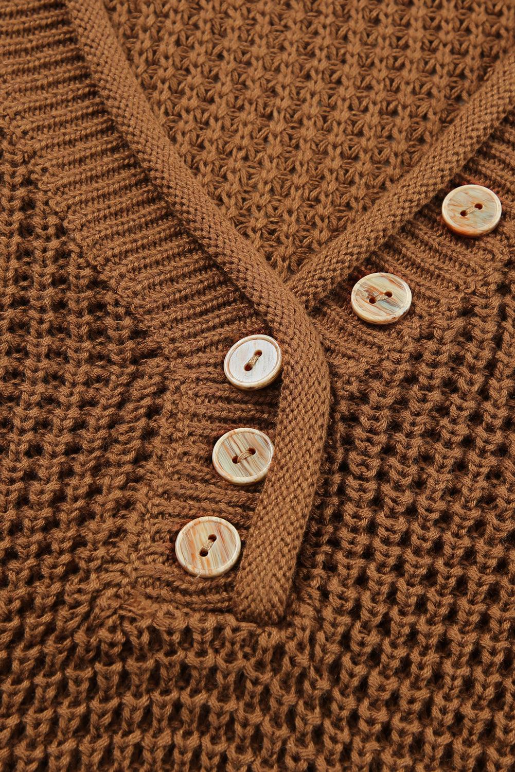 Coffee Pointelle Knit Button V Neck Drop Shoulder Sweater - L & M Kee, LLC