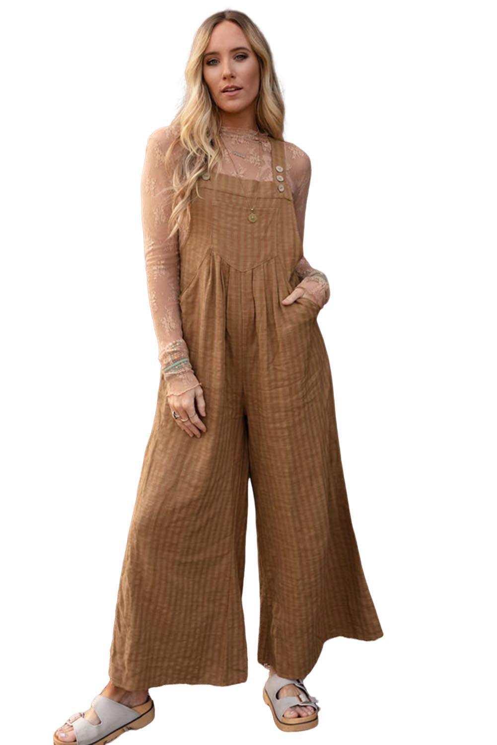 Brown Striped Pleated Wide Leg Pocketed Jumpsuit - L & M Kee, LLC